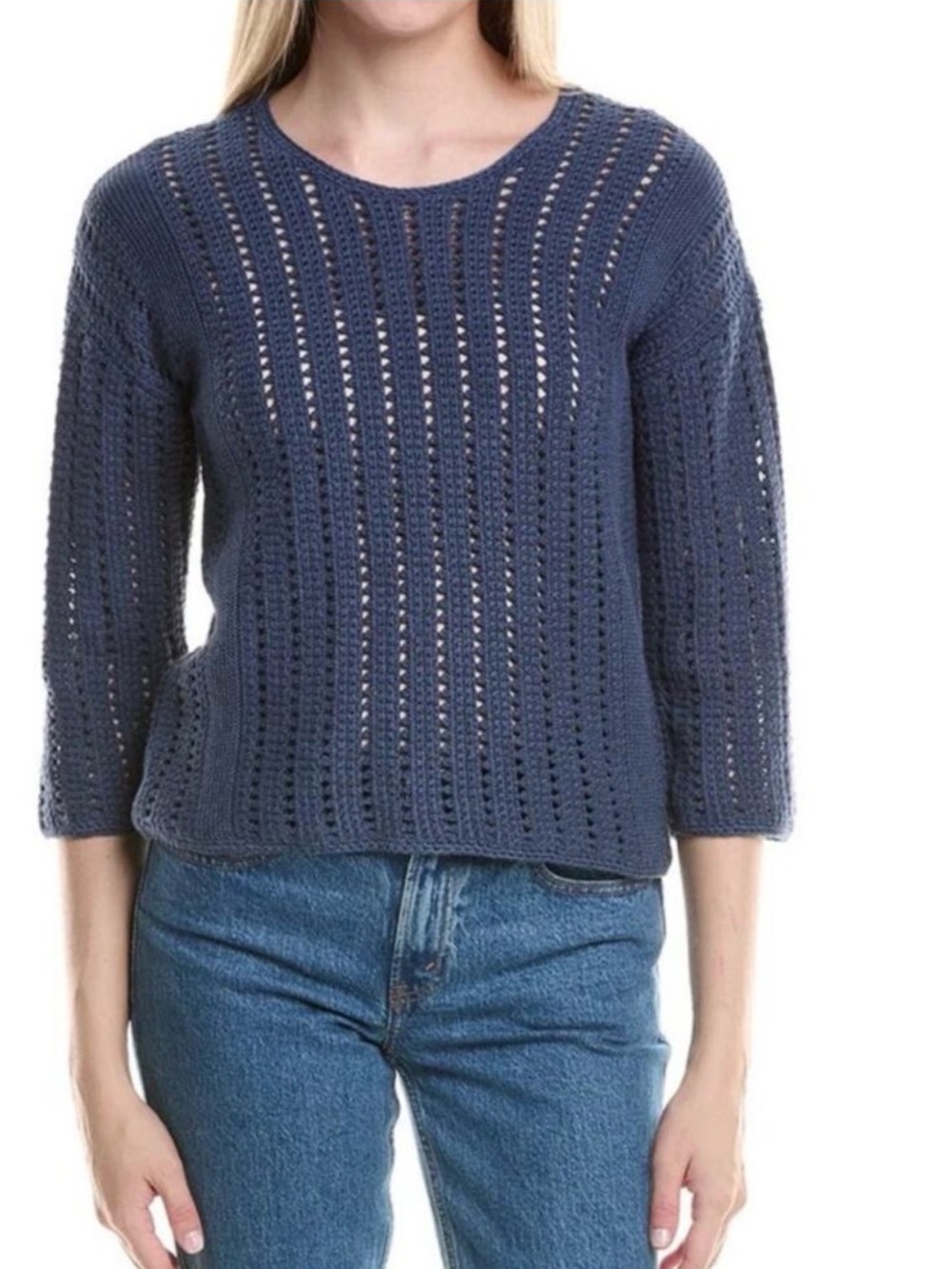 J. McLaughlin Keira Sweater Pointelle Knit Heather Dark Denim Blue Medium